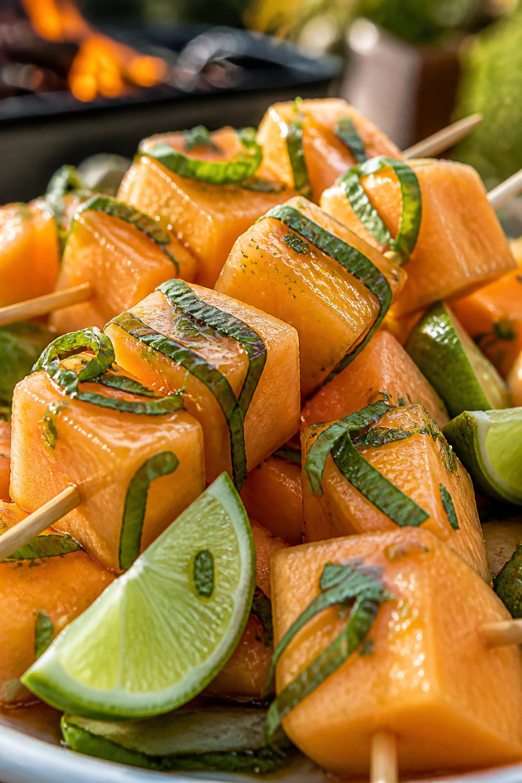 Close-up of cantaloupe basil lime skewers on a board