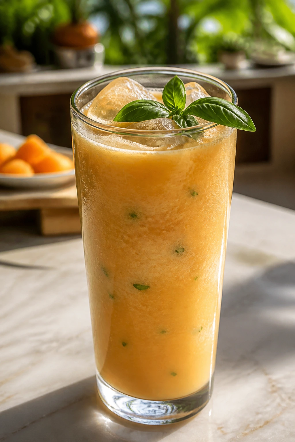 Close-up of cantaloupe coconut cooler with basil garnish in a glass