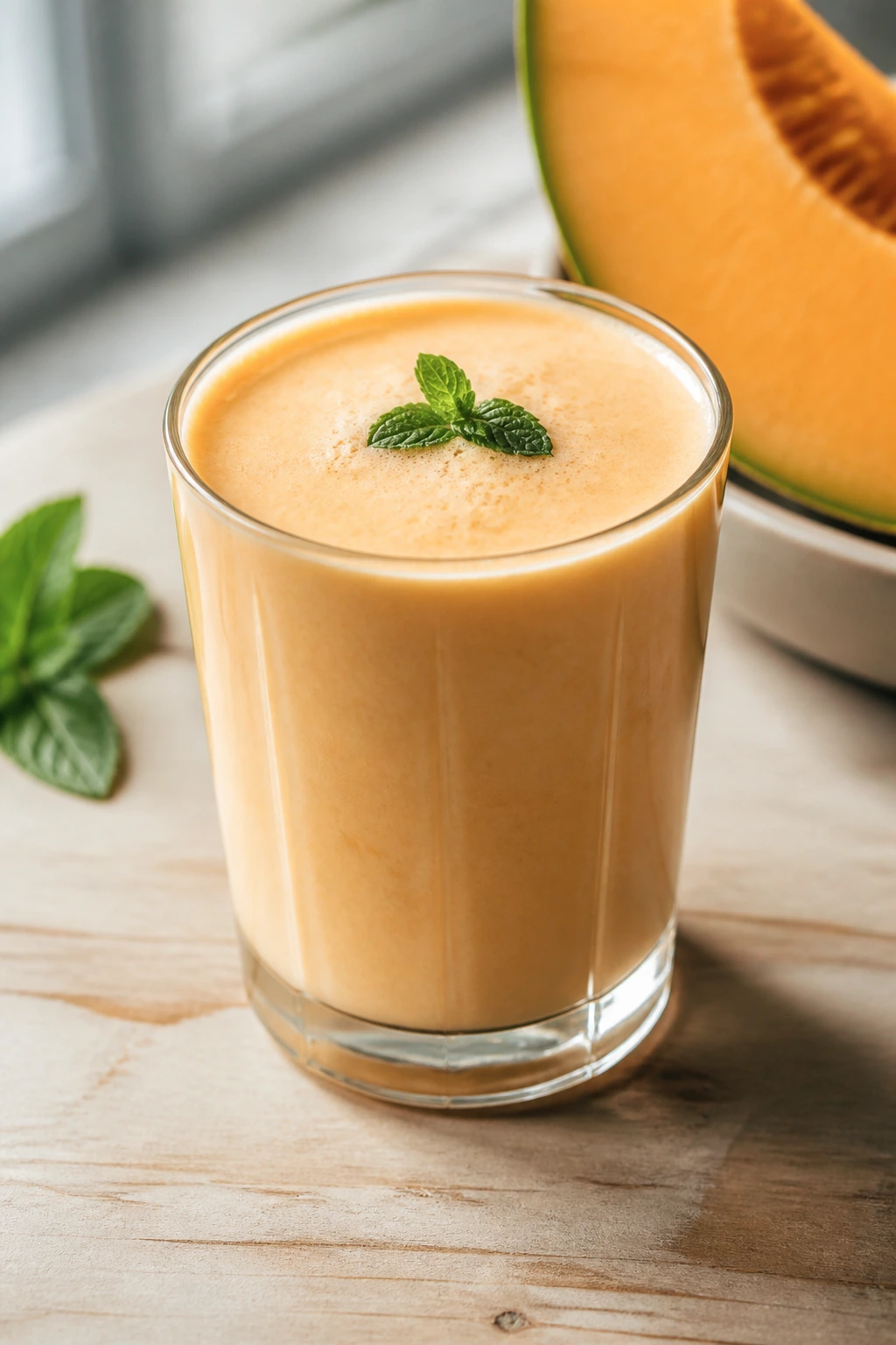 Close-up of Cantaloupe Earl Grey Yogurt Smoothie in a glass