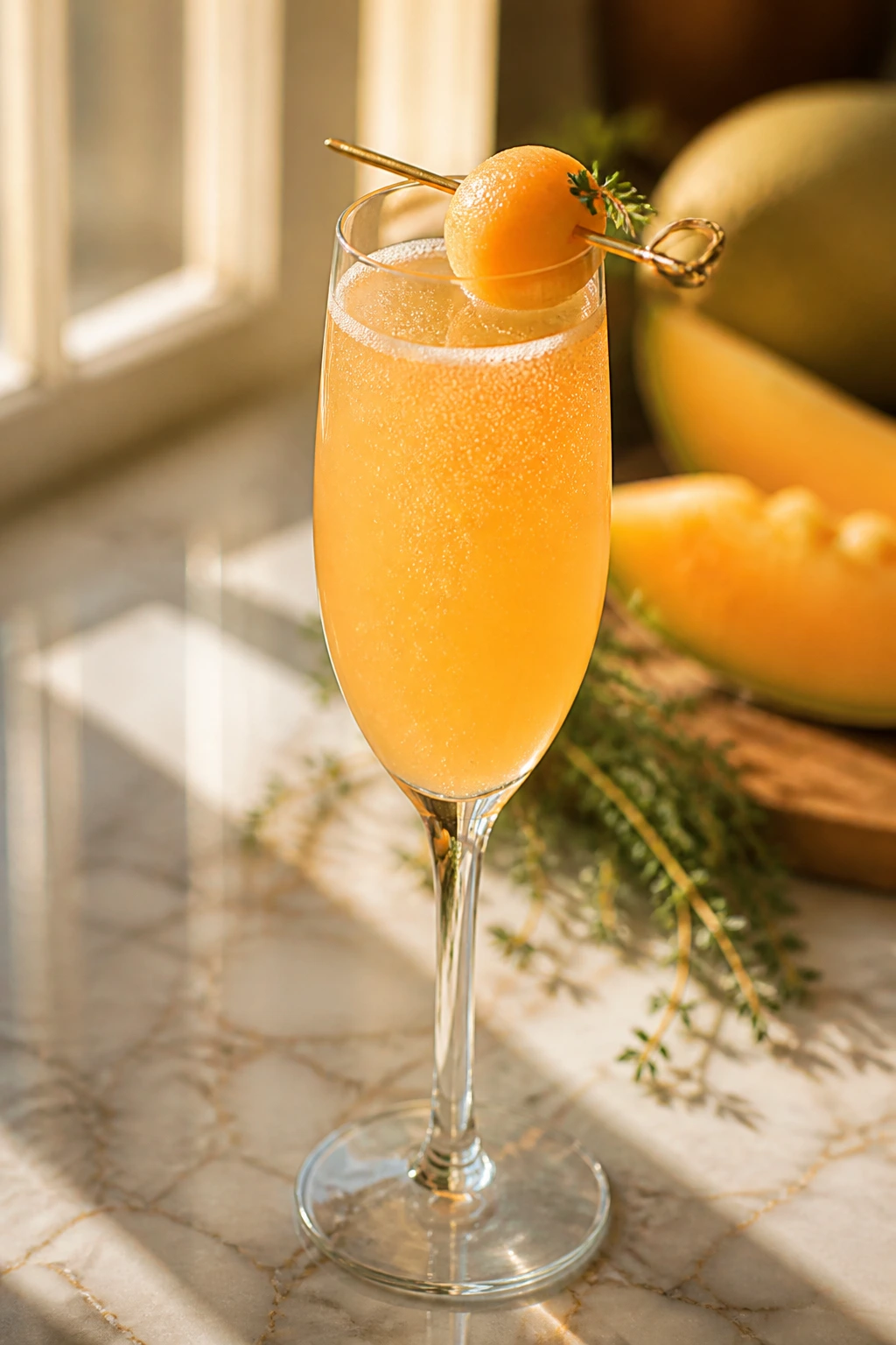 Close-up of cantaloupe honey sparkler in a flute with a melon ball garnish on a sunlit kitchen counter