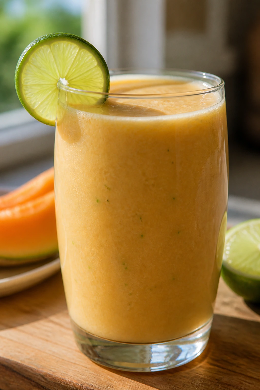 Close-up of cantaloupe lime smoothie in glass on kitchen counter