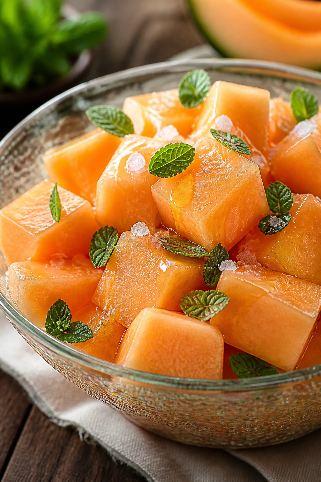 Close-up of cantaloupe mint salad with honey drizzle on a rustic wooden table