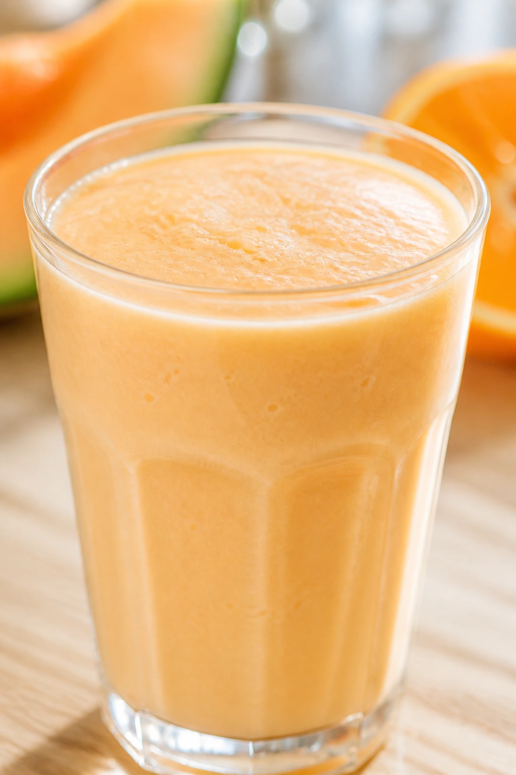 Close-up of pale orange cantaloupe smoothie in a glass on a wooden table