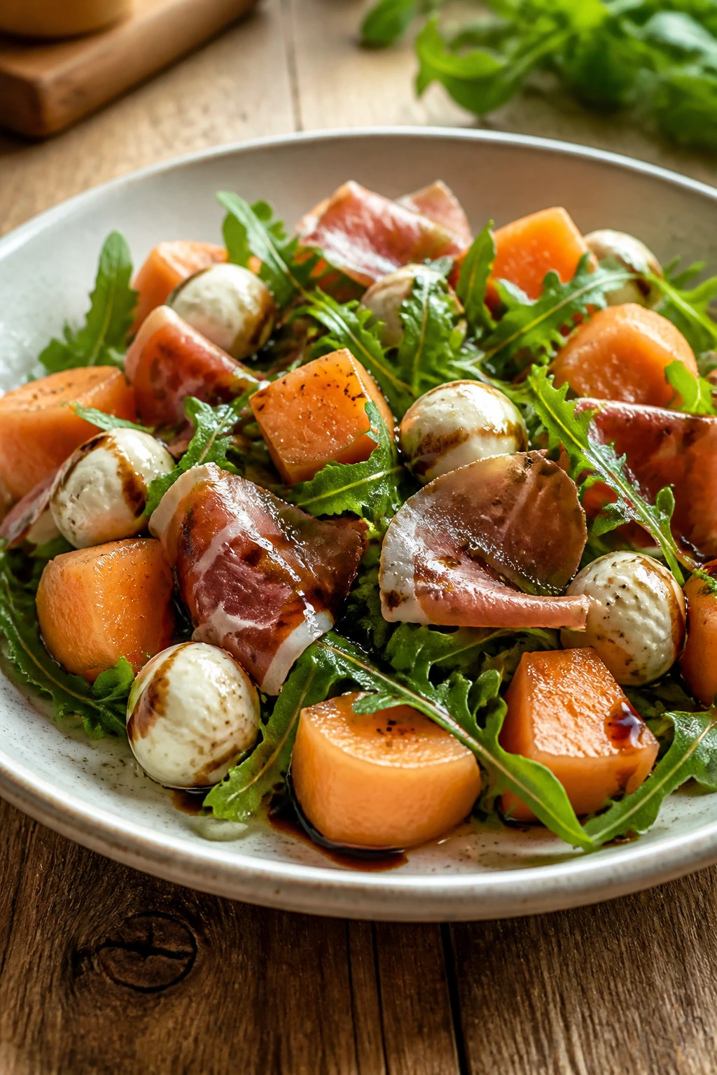 Close-up of cantaloupe, prosciutto, arugula salad on rustic wooden table