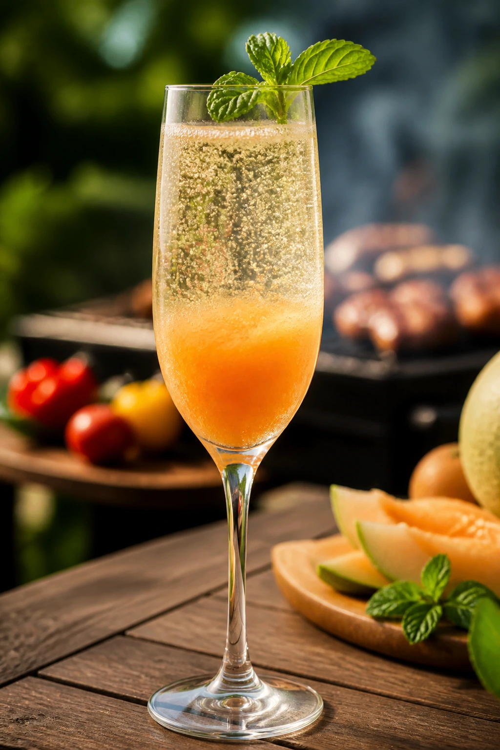 Cantaloupe Prosecco Spritz in a flute with cantaloupe puree and bubbles