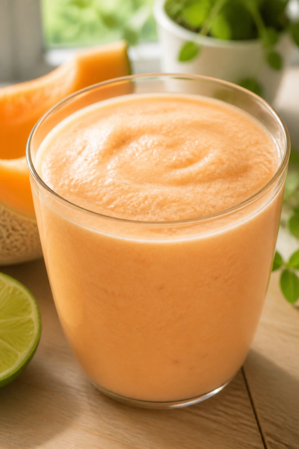 Close-up of cantaloupe honey lime smoothie in a glass on wooden table