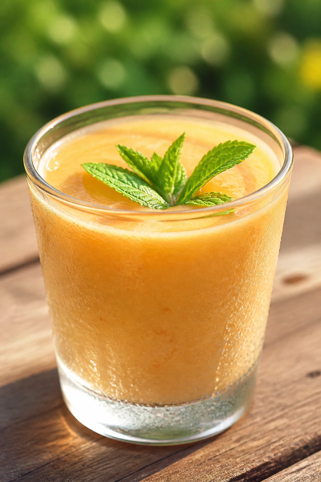 Chilled cantaloupe soup in glass cup on a sunny table
