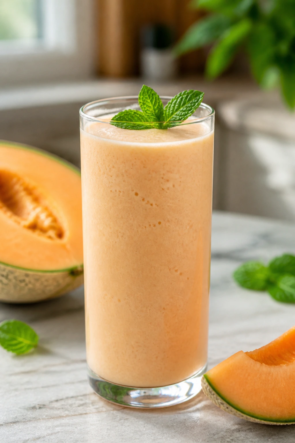 Cantaloupe Vanilla Smoothie with mint leaves in a narrow glass