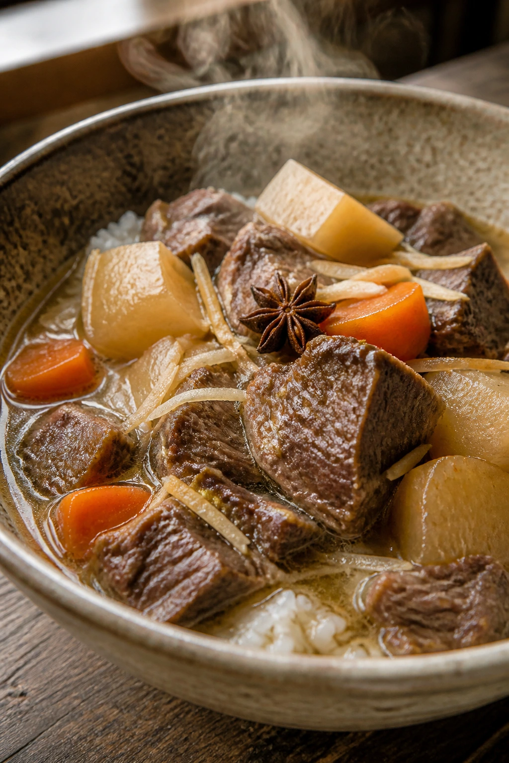 Close-up of Cantonese beef stew with beef shank, daikon, carrots in light broth