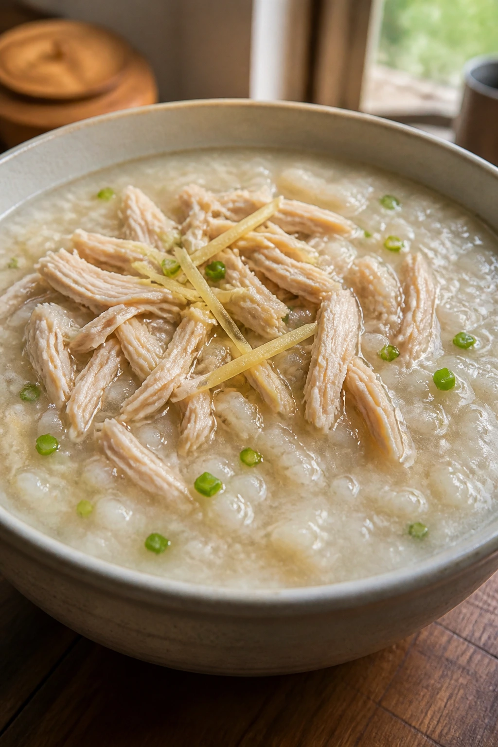 Close-up of Cantonese chicken congee in a bowl