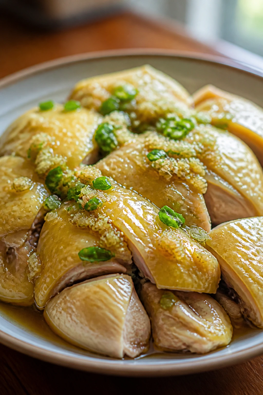 Steamed Cantonese chicken with ginger-scallion oil on plate