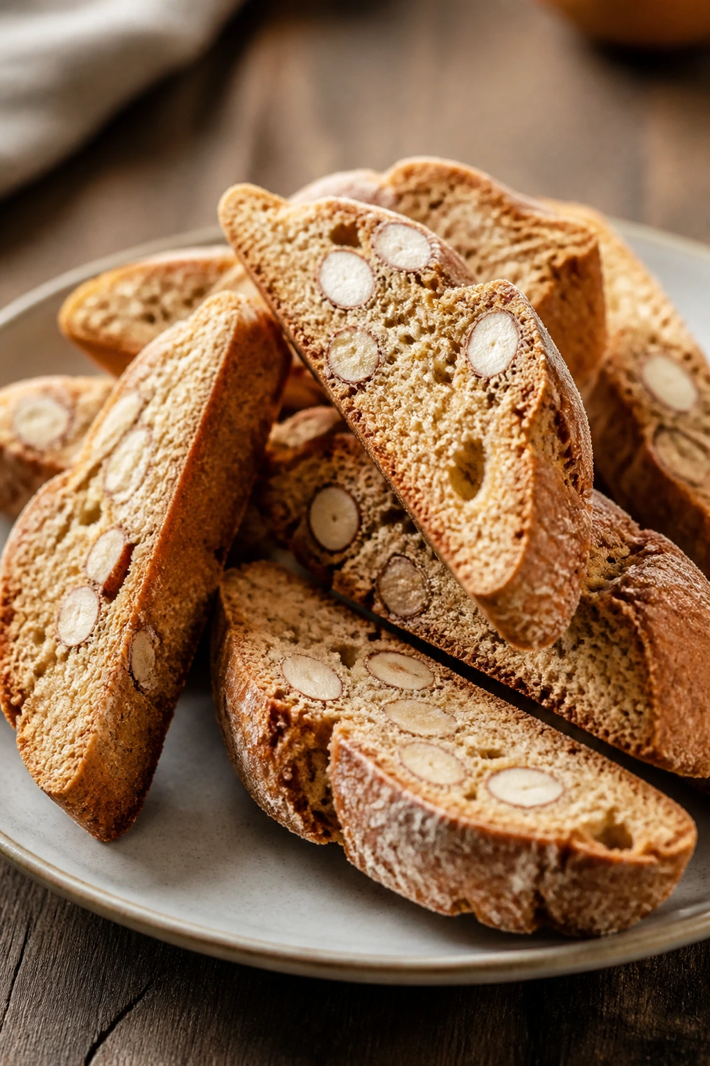 Close-up of cantucci almond biscotti on a plate