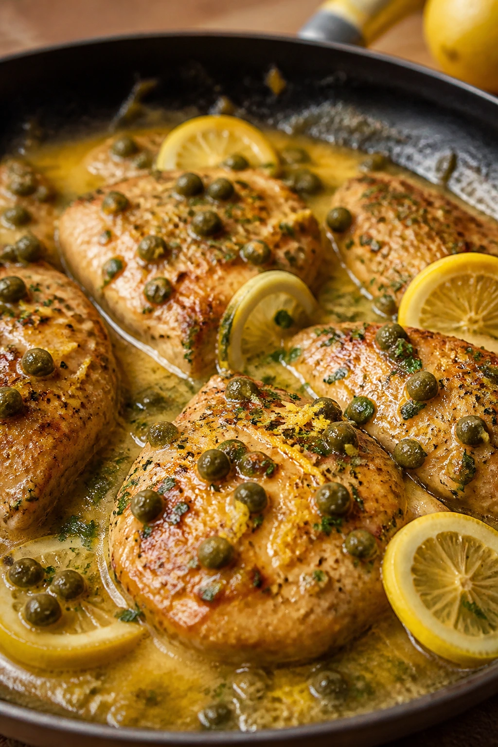 Close-up of caper-lemon skillet chicken in glossy sauce with capers visible.