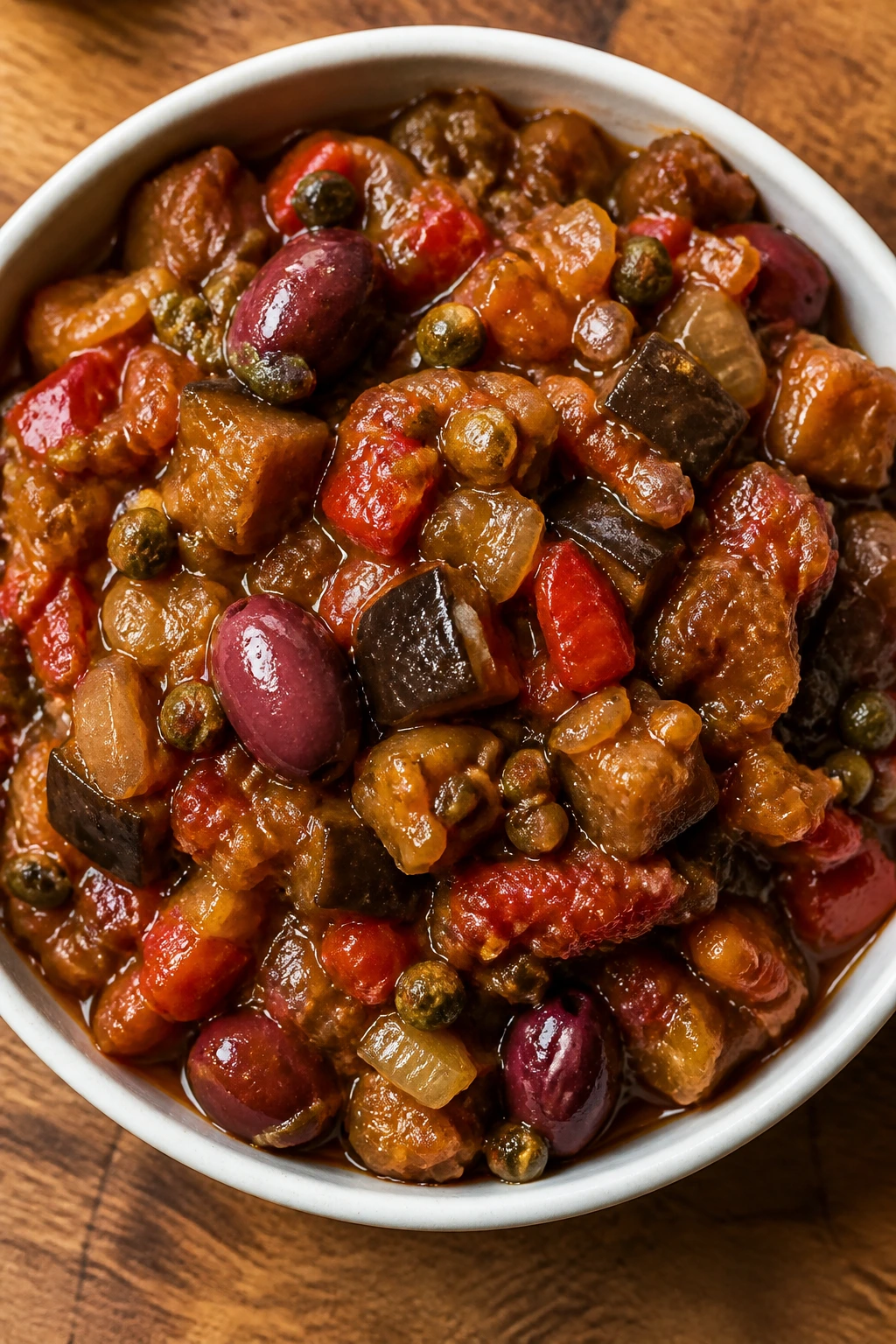 Glossy Sicilian caponata spread in a bowl