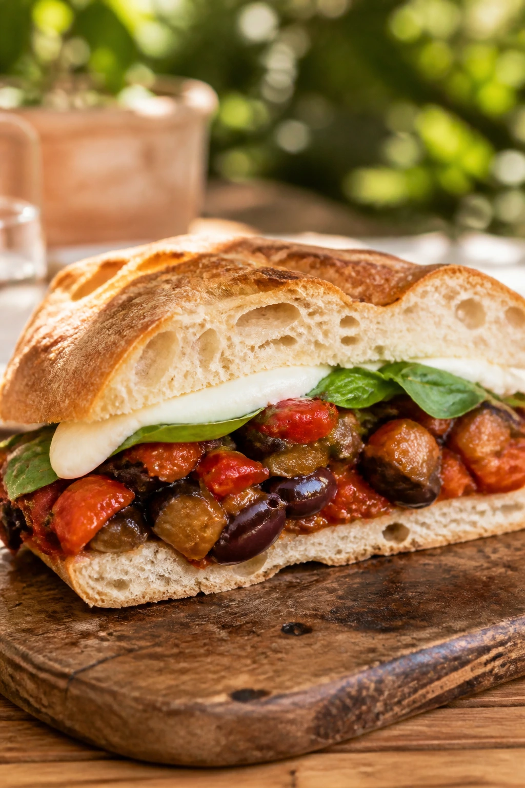 Cross-section Caponata Mozzarella Ciabatta on board in sunny outdoor setting