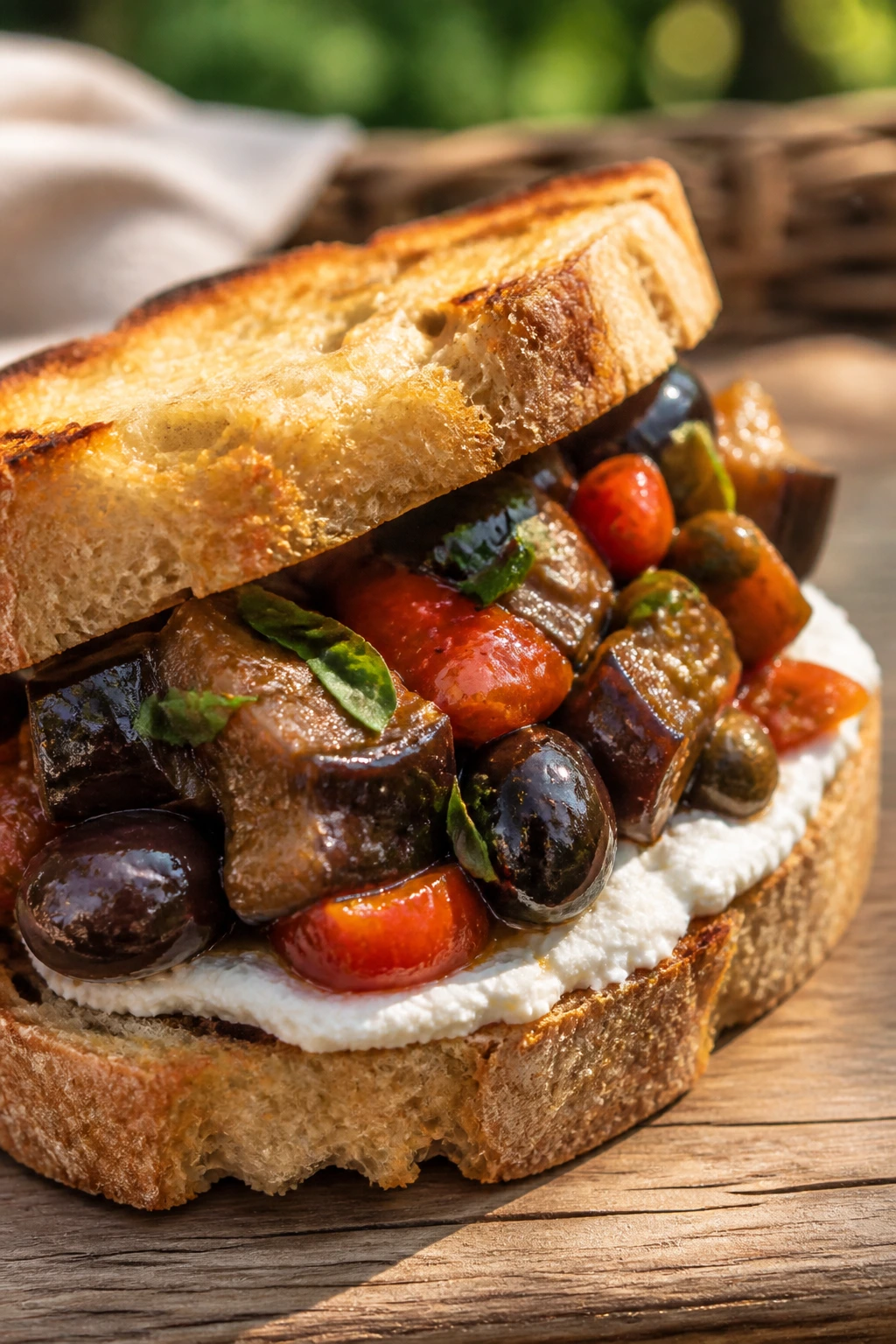 Close-up of Caponata Sandwich on rustic bread at a picnic