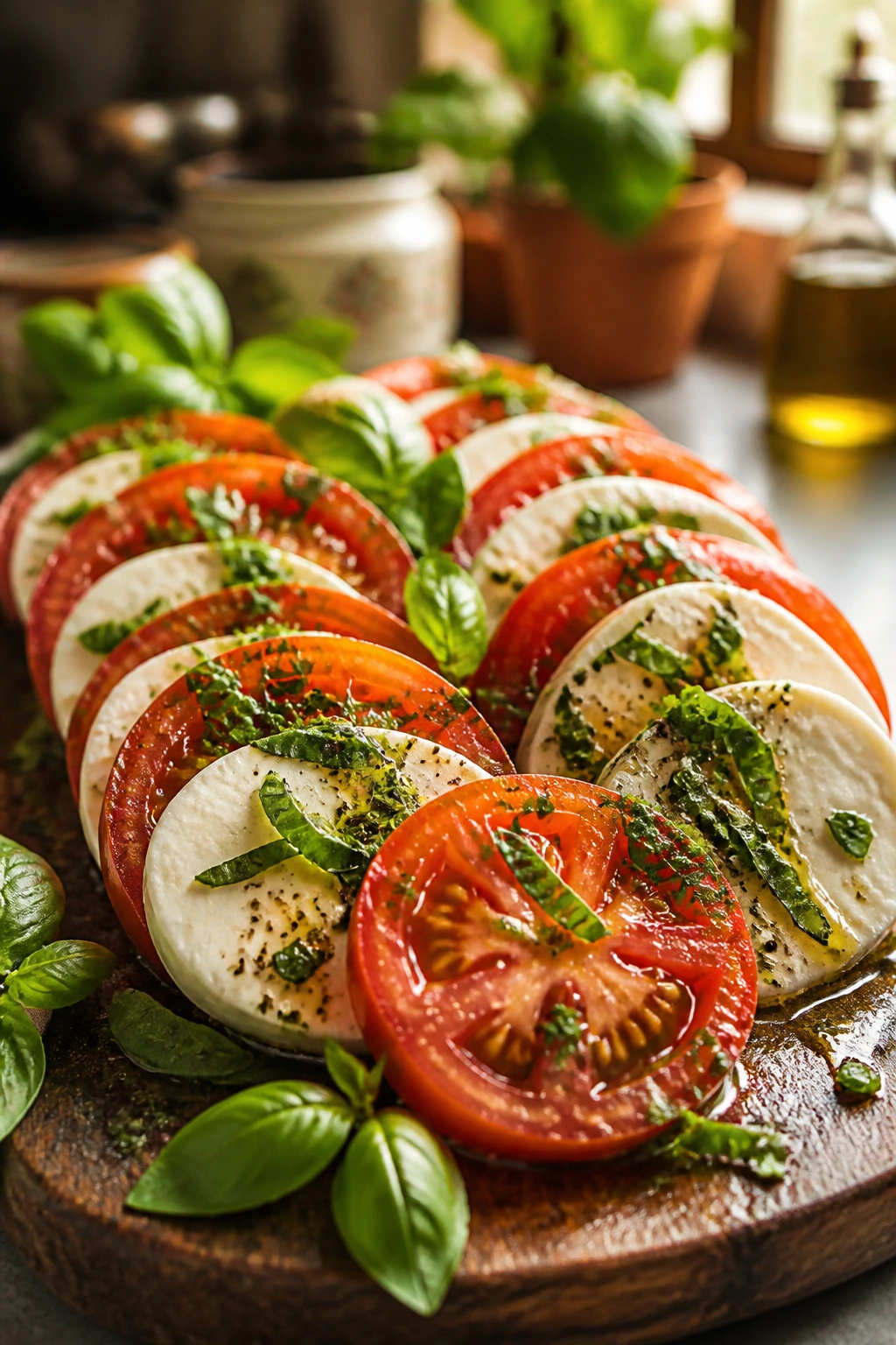 Close-up of Herbed Caprese Appetizer on rustic board with tomato and mozzarella slices and herb oil