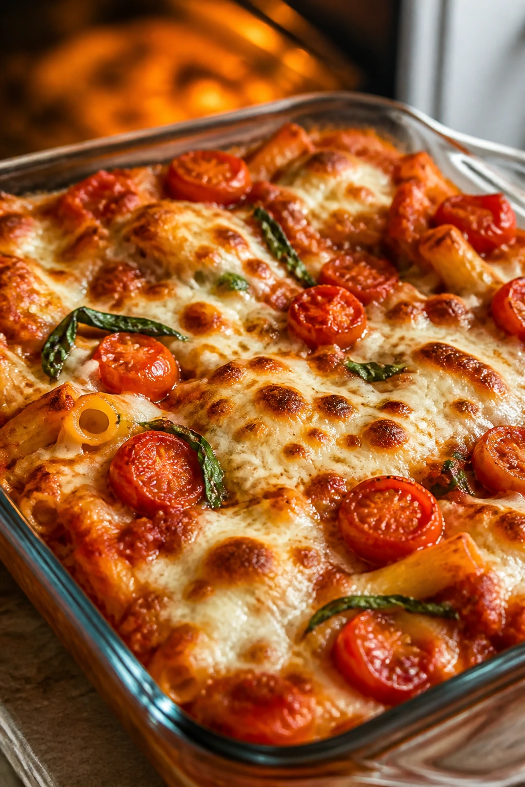 Close-up Caprese baked ziti in a baking dish with mozzarella islands