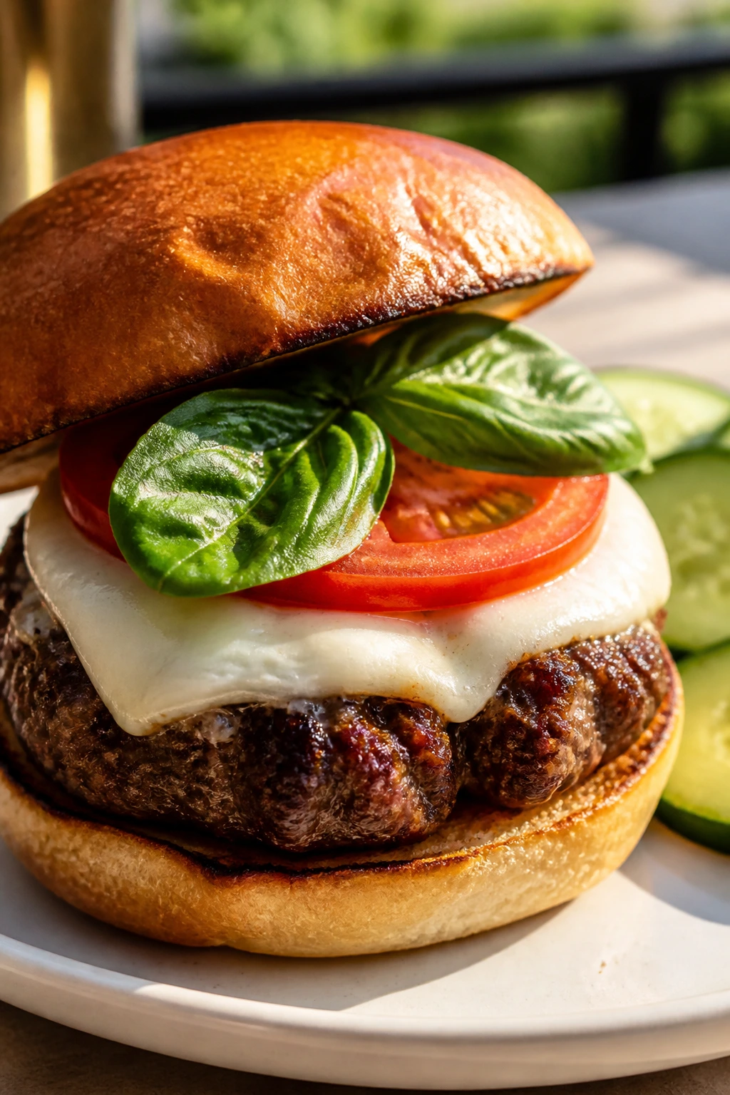 Close-up Caprese Beef Burger with mozzarella, tomato, and basil