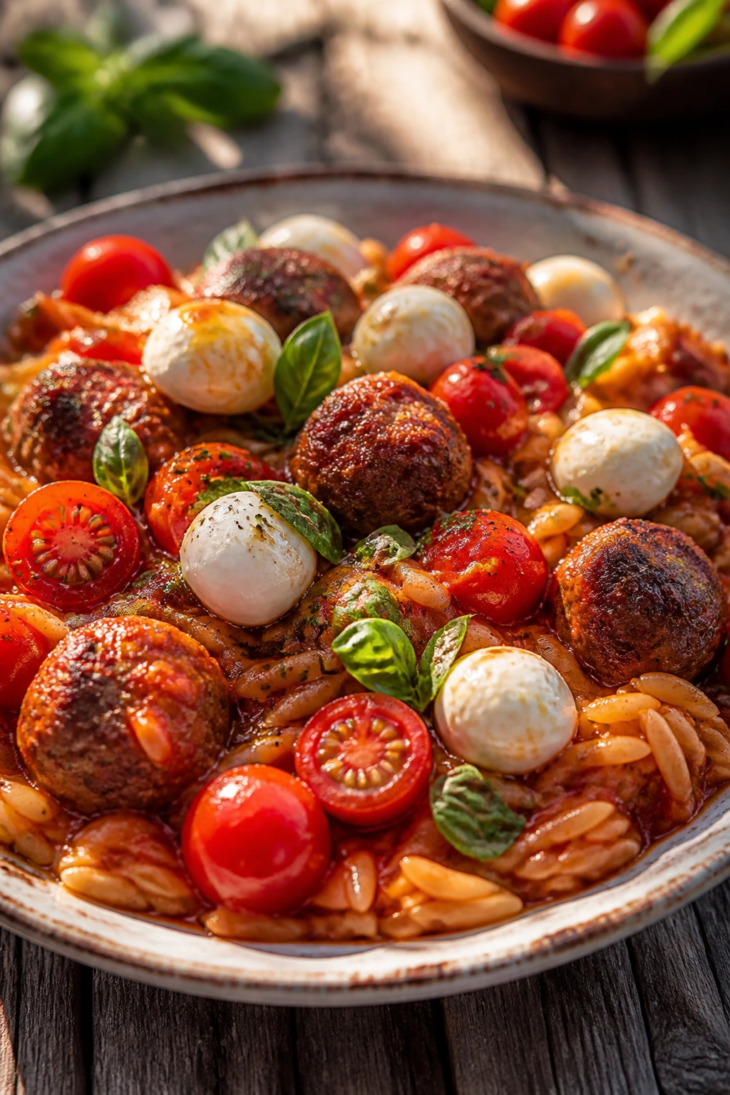 Caprese beef meatballs with orzo plated with basil and mozzarella pearls on a rustic outdoor table