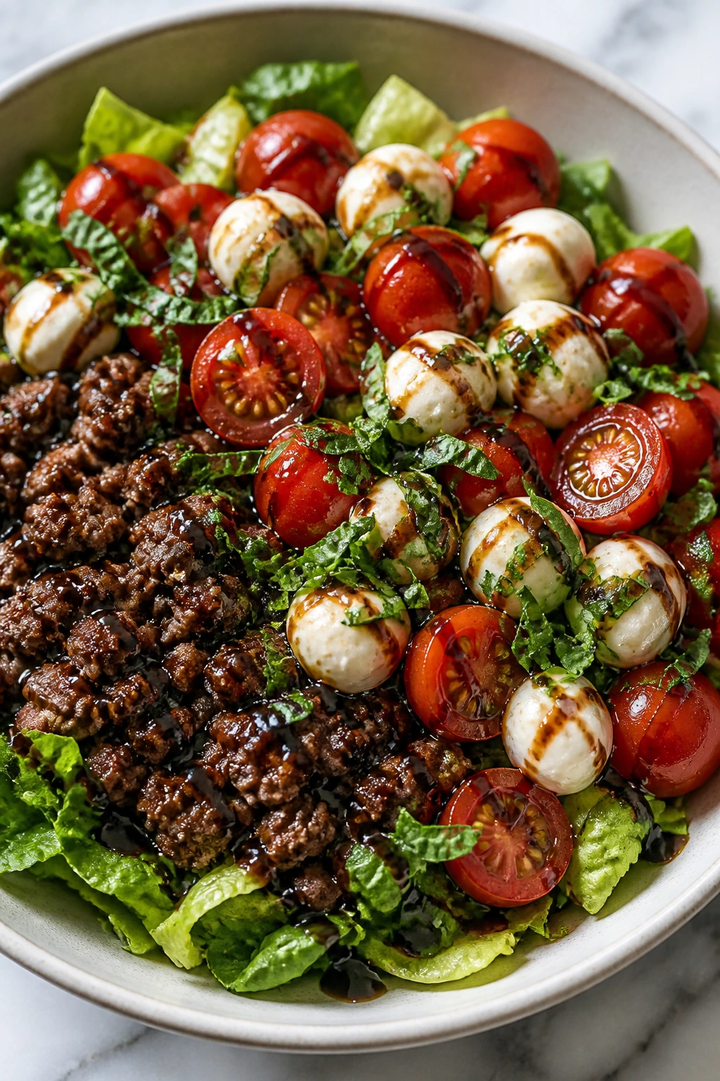 Caprese Burger Bowls served in a bowl with tomatoes mozzarella and basil