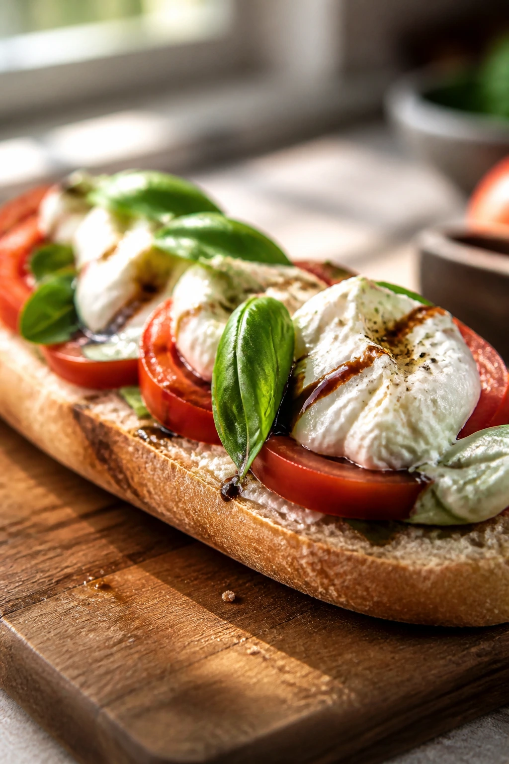 Caprese baguette with burrata on cutting board in natural light