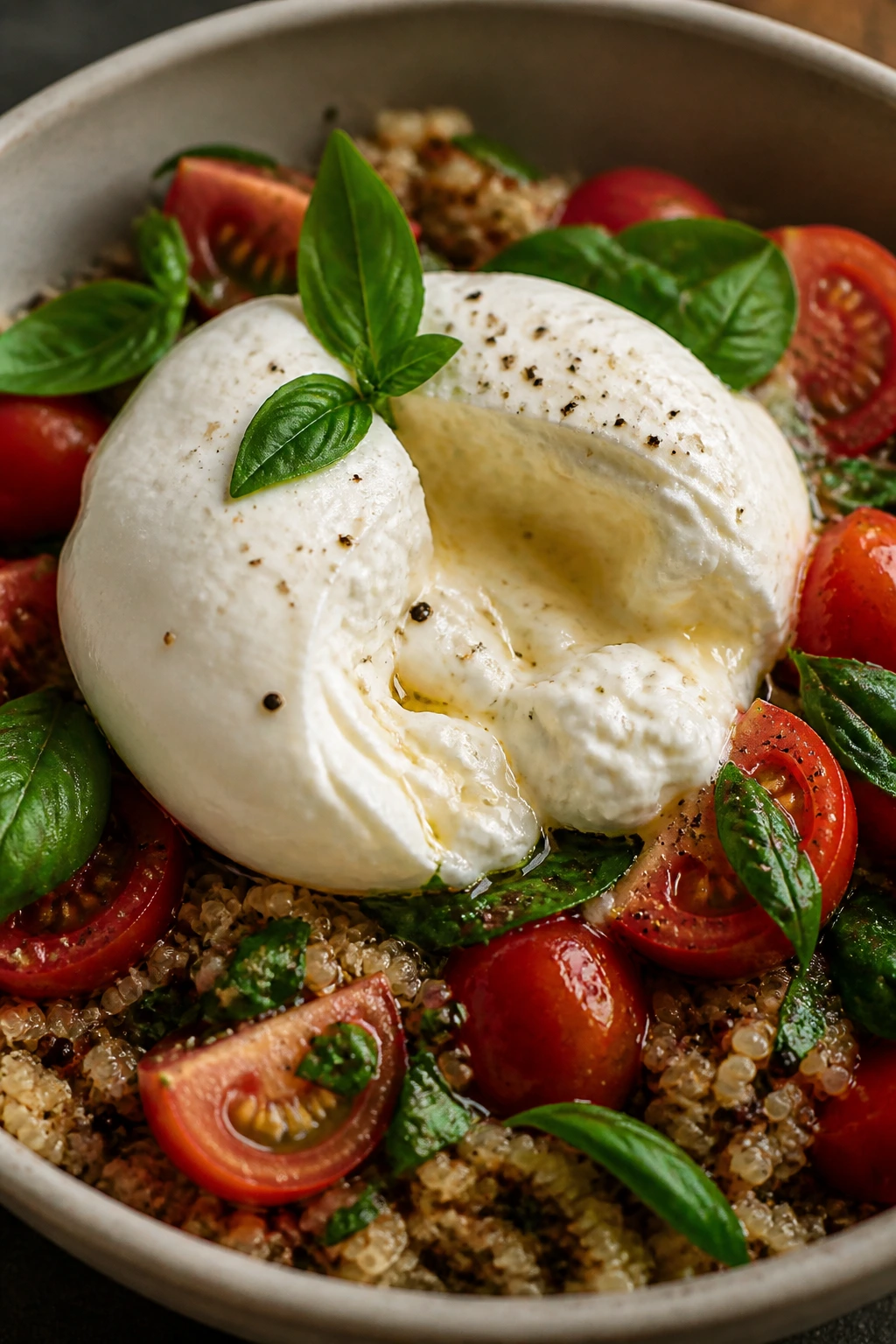 Caprese Quinoa burrata variation with burrata torn open atop tomatoes and quinoa