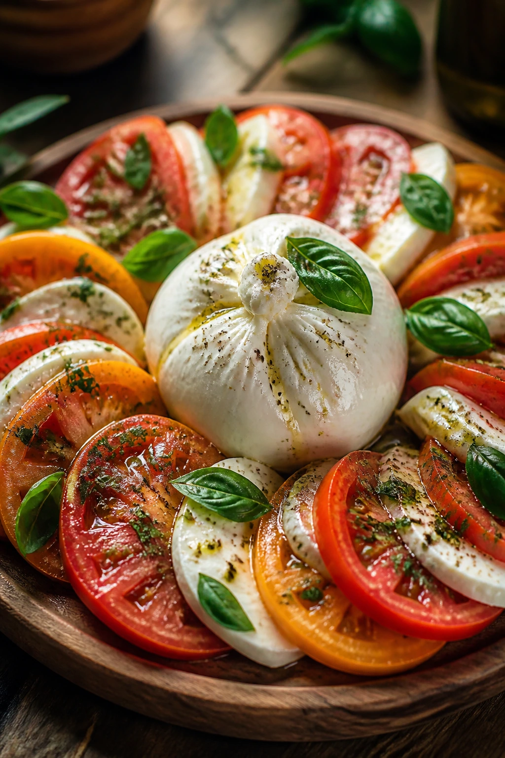 Burrata centerpiece on a Caprese platter with tomatoes and basil