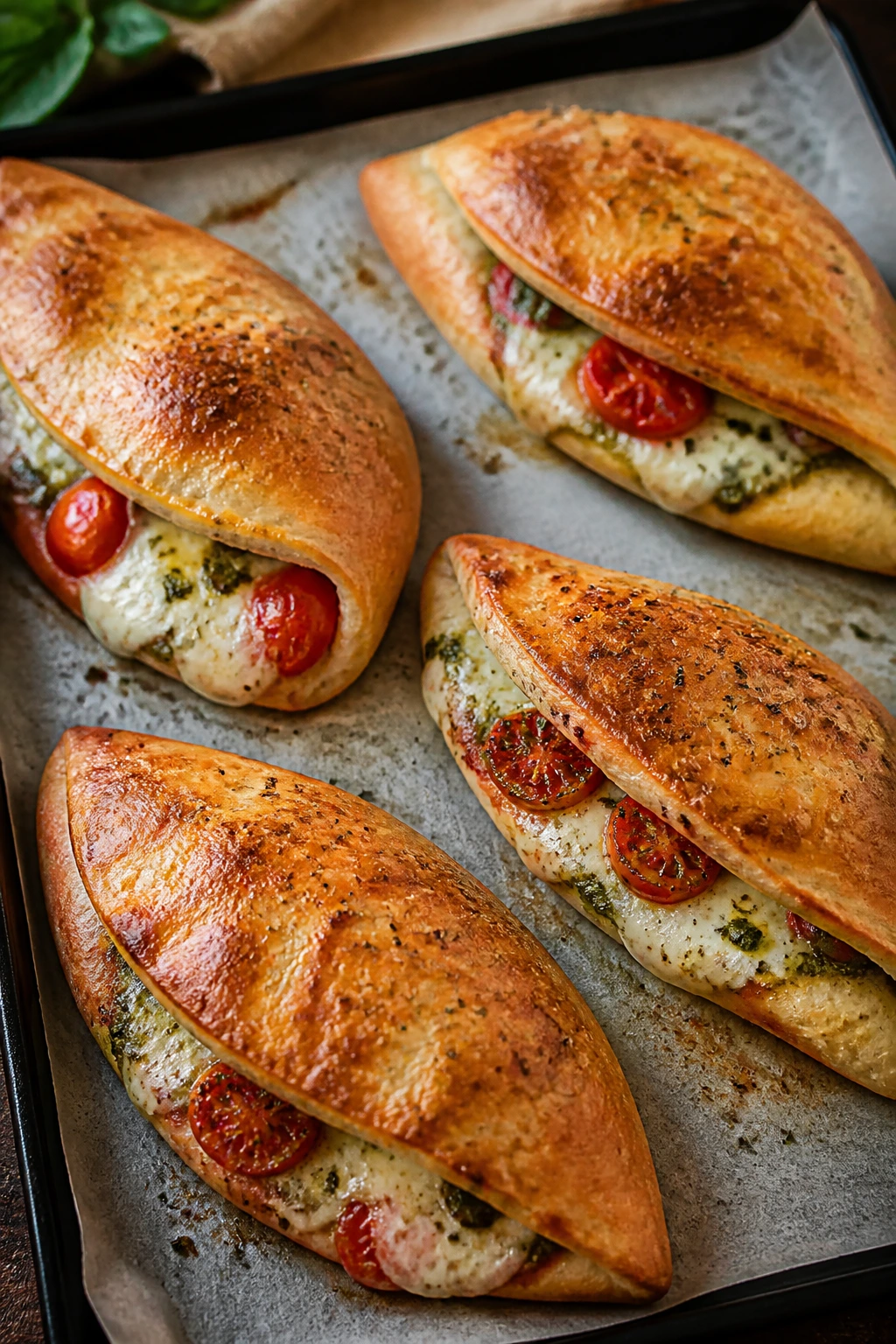 Caprese Calzones on parchment with mozzarella and tomato filling