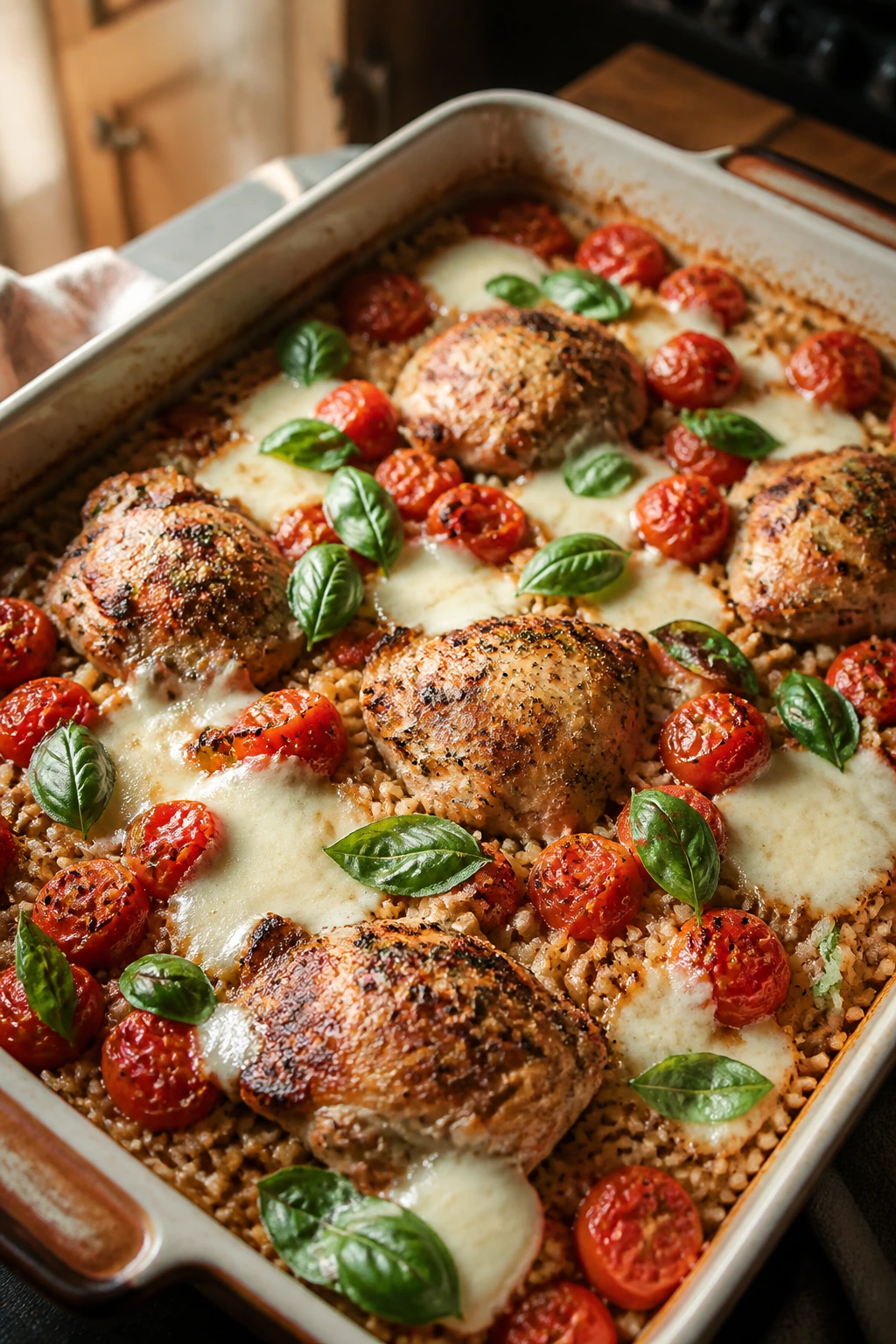 Close-up Caprese Chicken and Rice Bake in a baking dish with tomatoes and basil