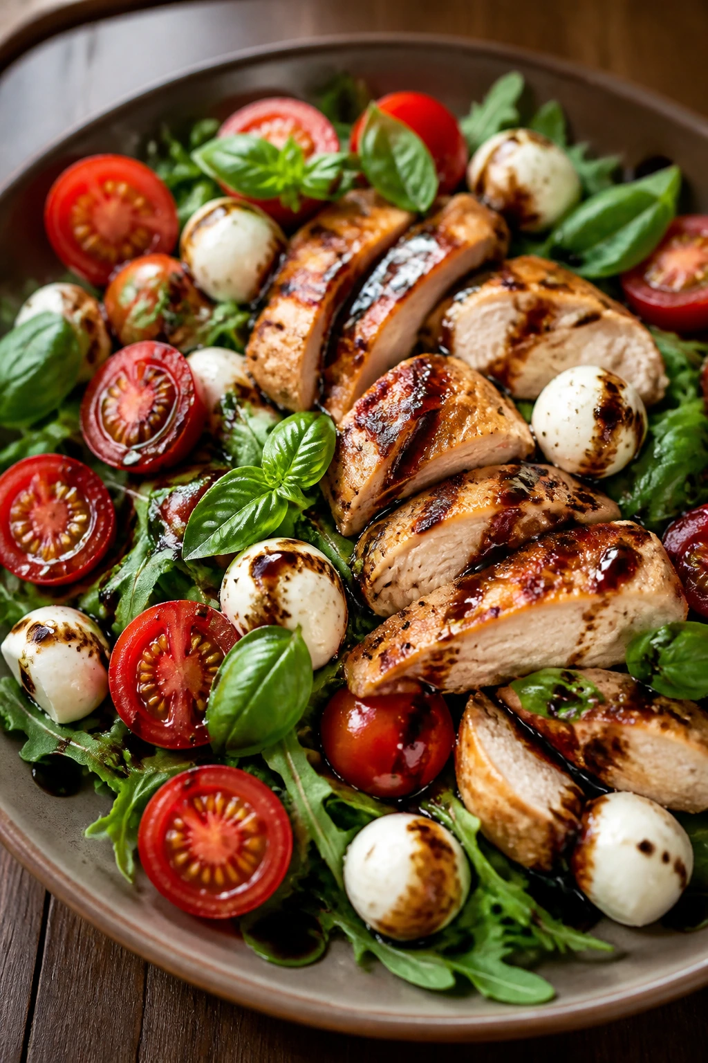 Close-up of Caprese chicken salad with tomatoes mozzarella and basil