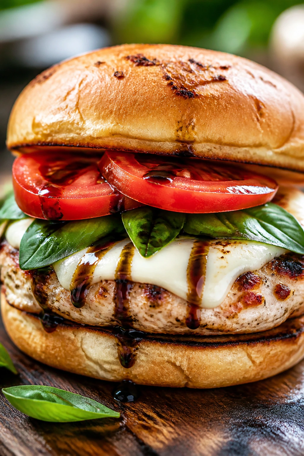 Caprese chicken burger with mozzarella, tomato, basil on a rustic board