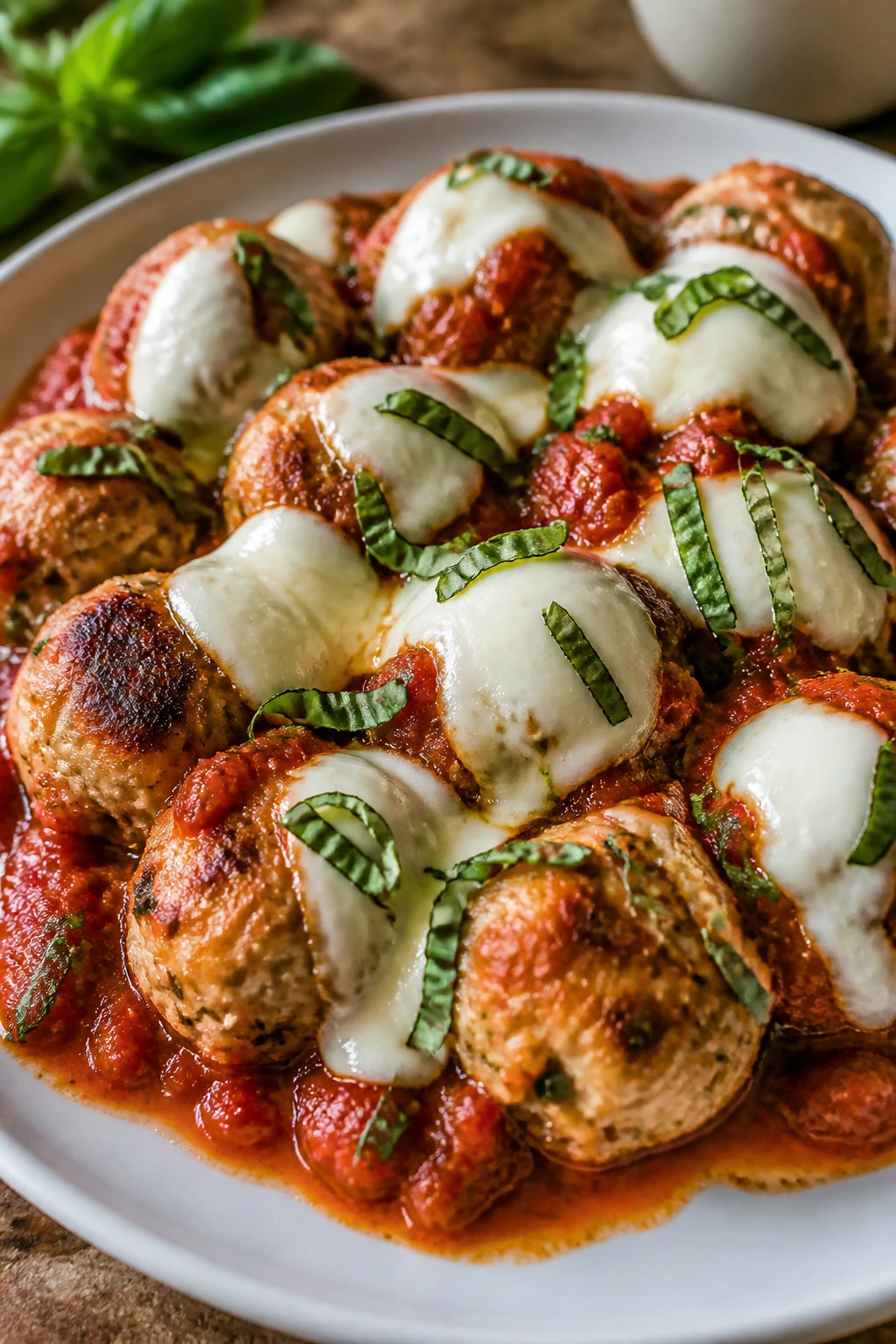 Plate of Caprese chicken meatballs with mozzarella and basil
