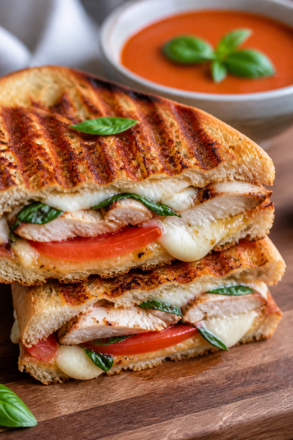Close-up of Caprese Chicken Panini with tomato basil soup in background