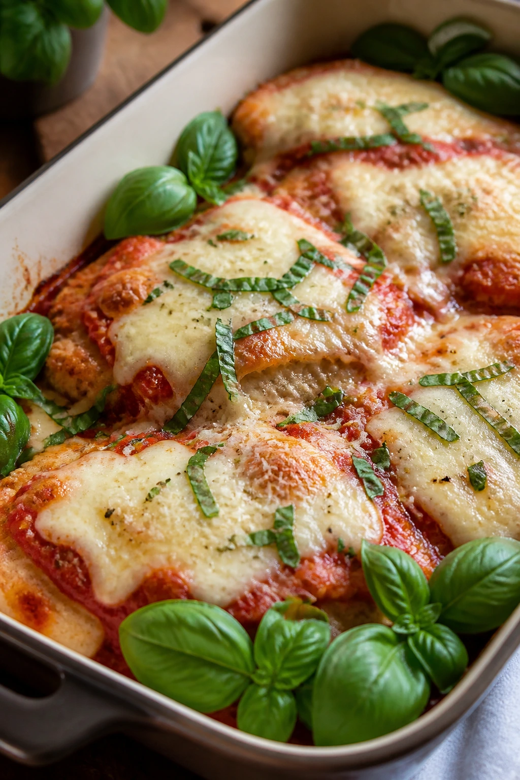 Chicken parmesan bake with mozzarella, marinara and basil