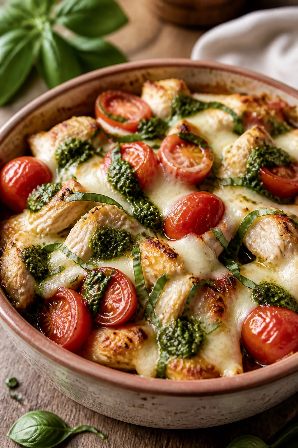 Caprese chicken and pesto pizza bowl close-up