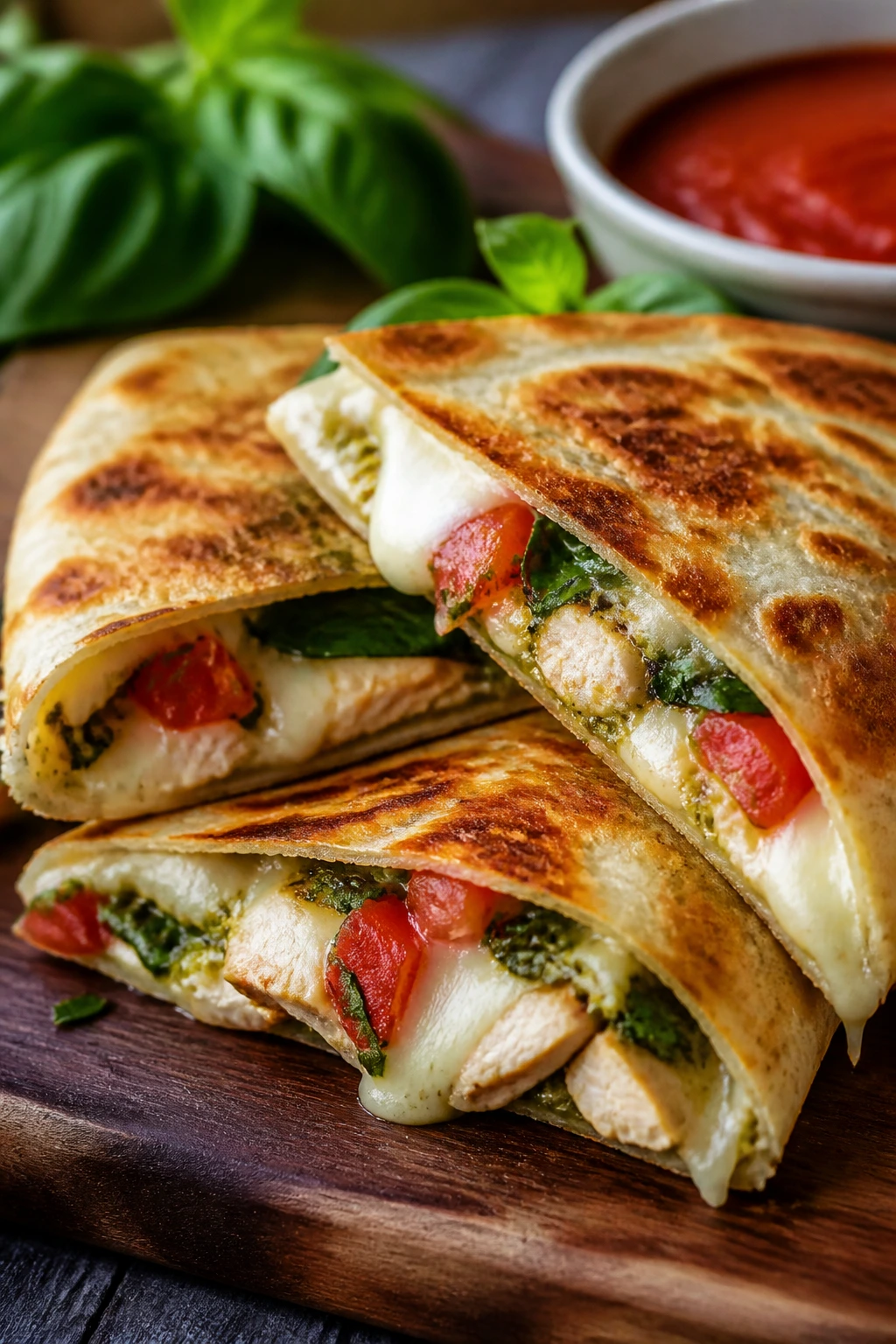 Caprese chicken quesadillas on a wooden board with cheese and tomatoes