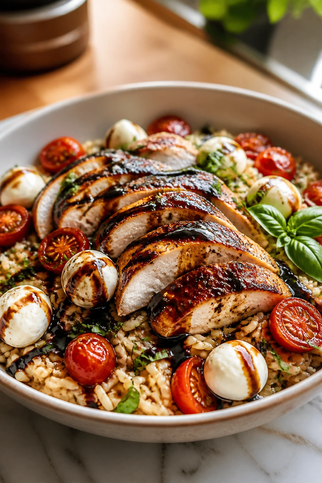 Caprese chicken rice bowl with tomatoes mozzarella and basil
