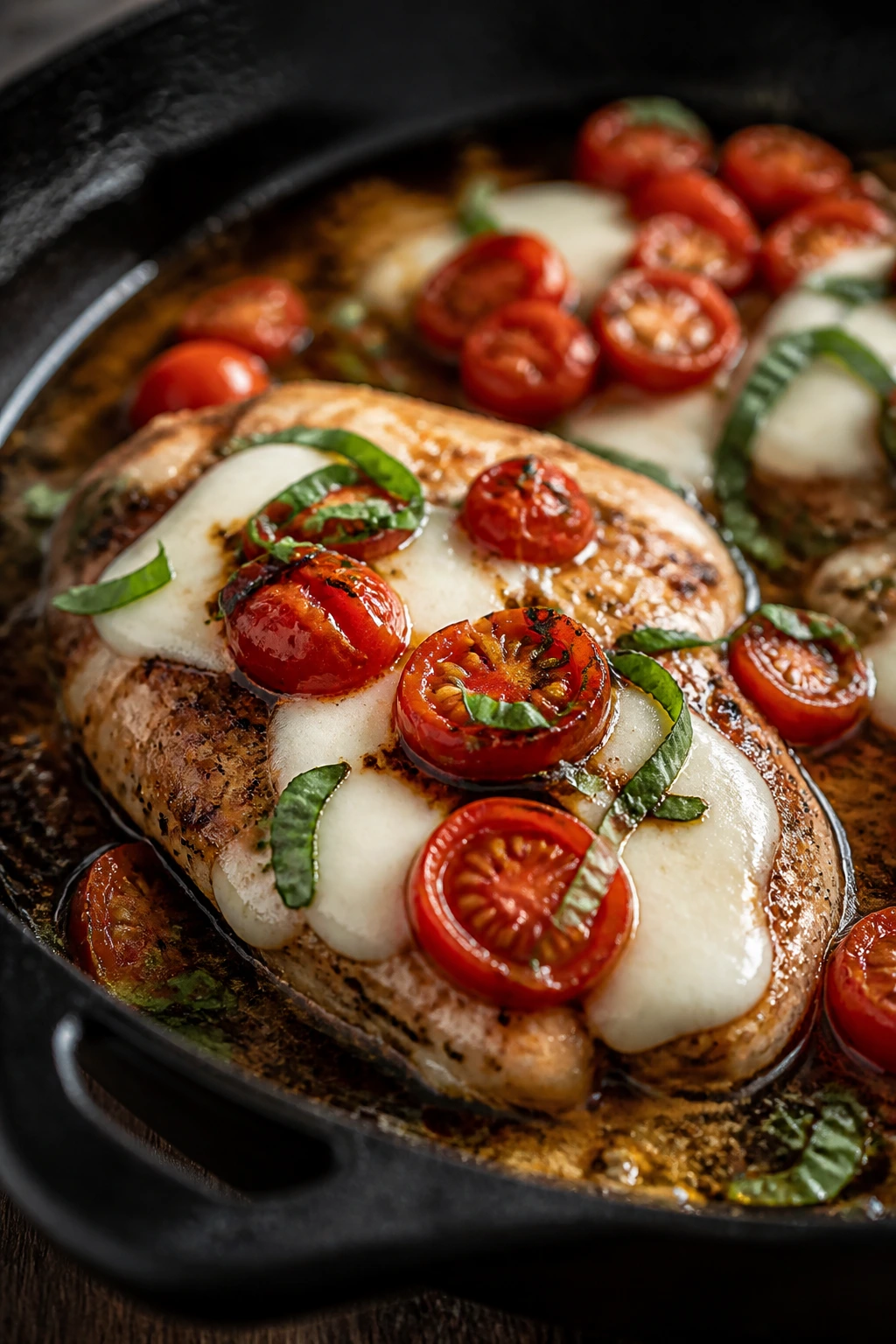 Caprese chicken with melted mozzarella and blistered tomatoes in a skillet