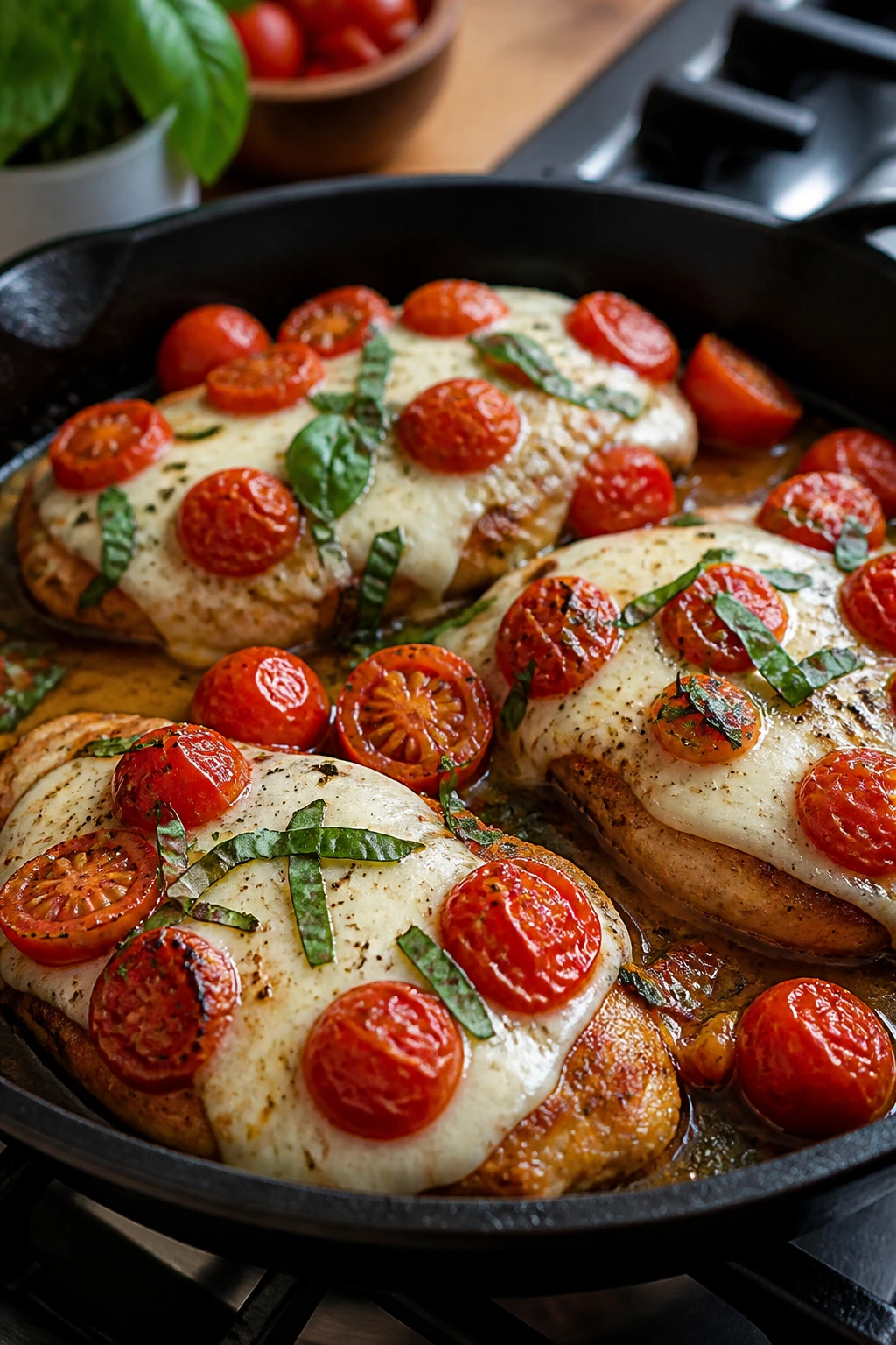 Caprese chicken skillet with mozzarella and tomatoes