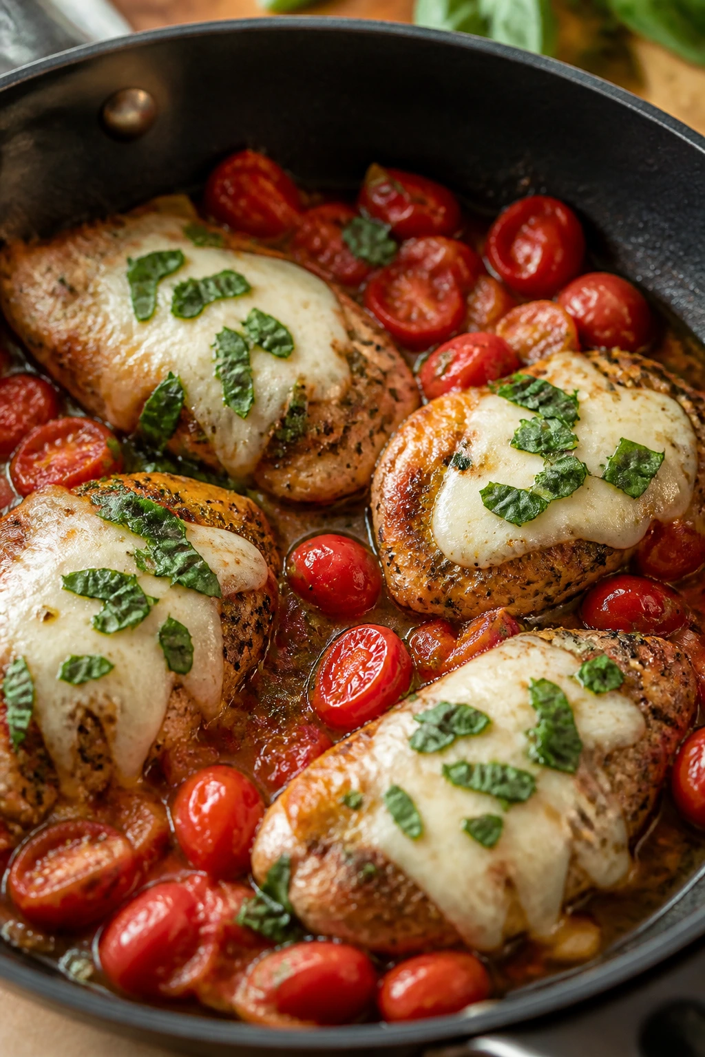 Close-up of Caprese chicken skillet with mozzarella, tomatoes, and basil