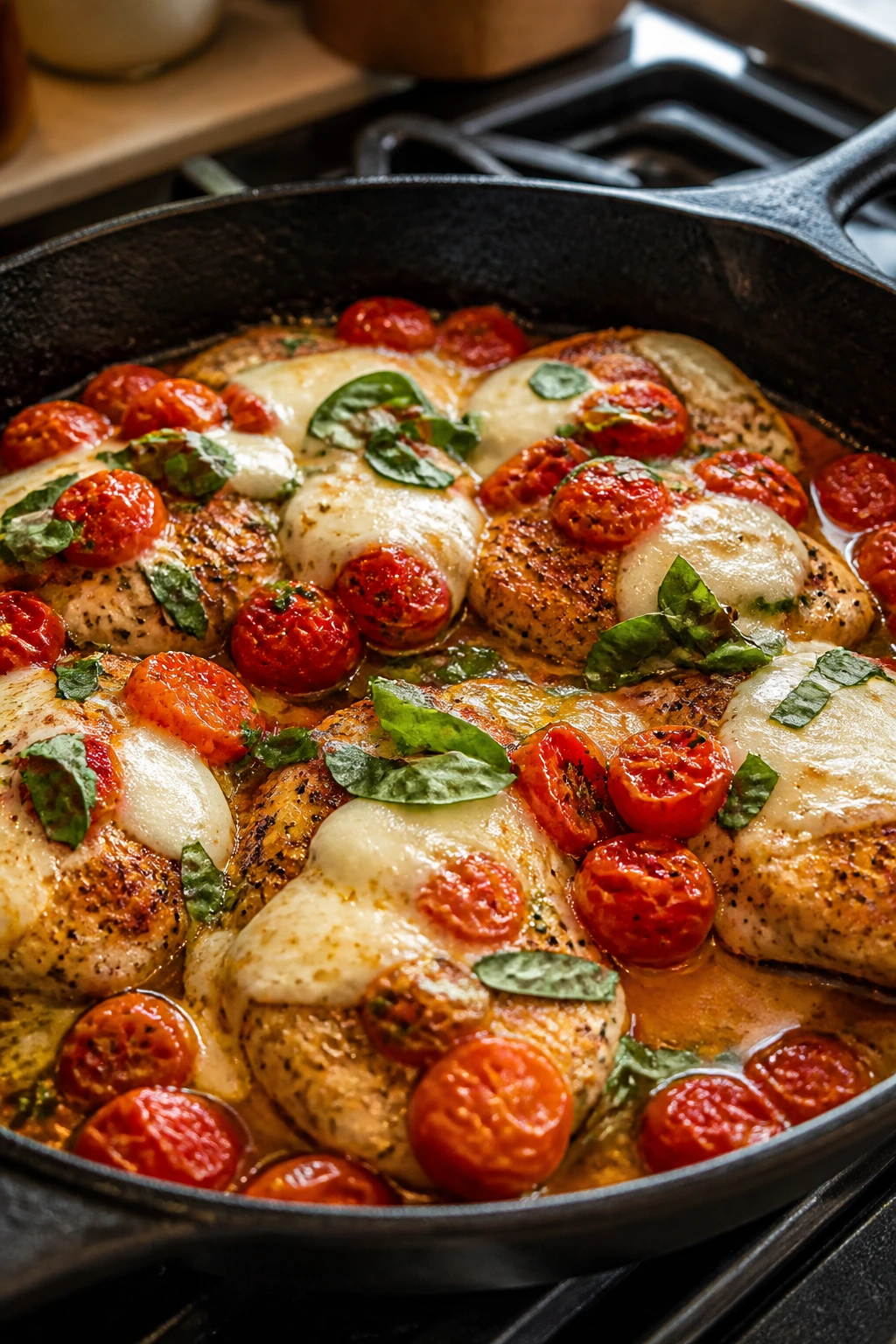 Close-up Caprese Chicken Skillet with tomatoes and melted mozzarella in a cast-iron pan