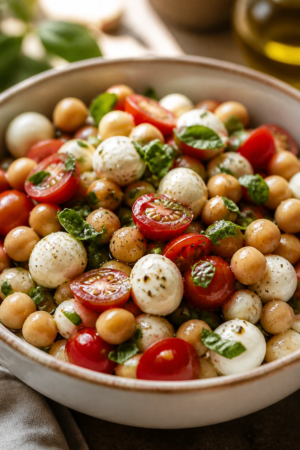 Close-up of Caprese Chickpea Salad with tomatoes, mozzarella, and basil in a bowl
