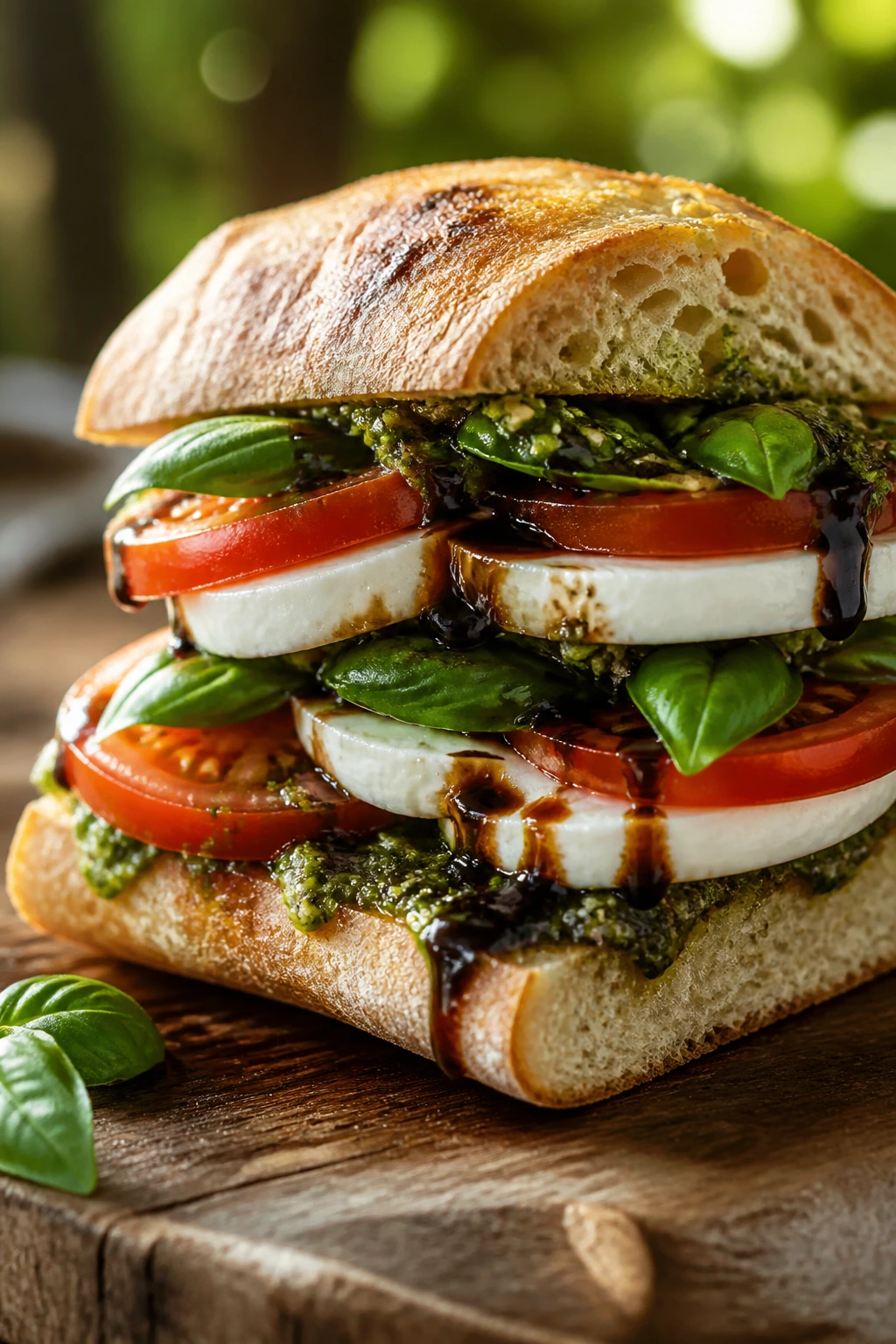 Close-up Caprese Ciabatta Sandwich with mozzarella, tomato, basil on toasted ciabatta