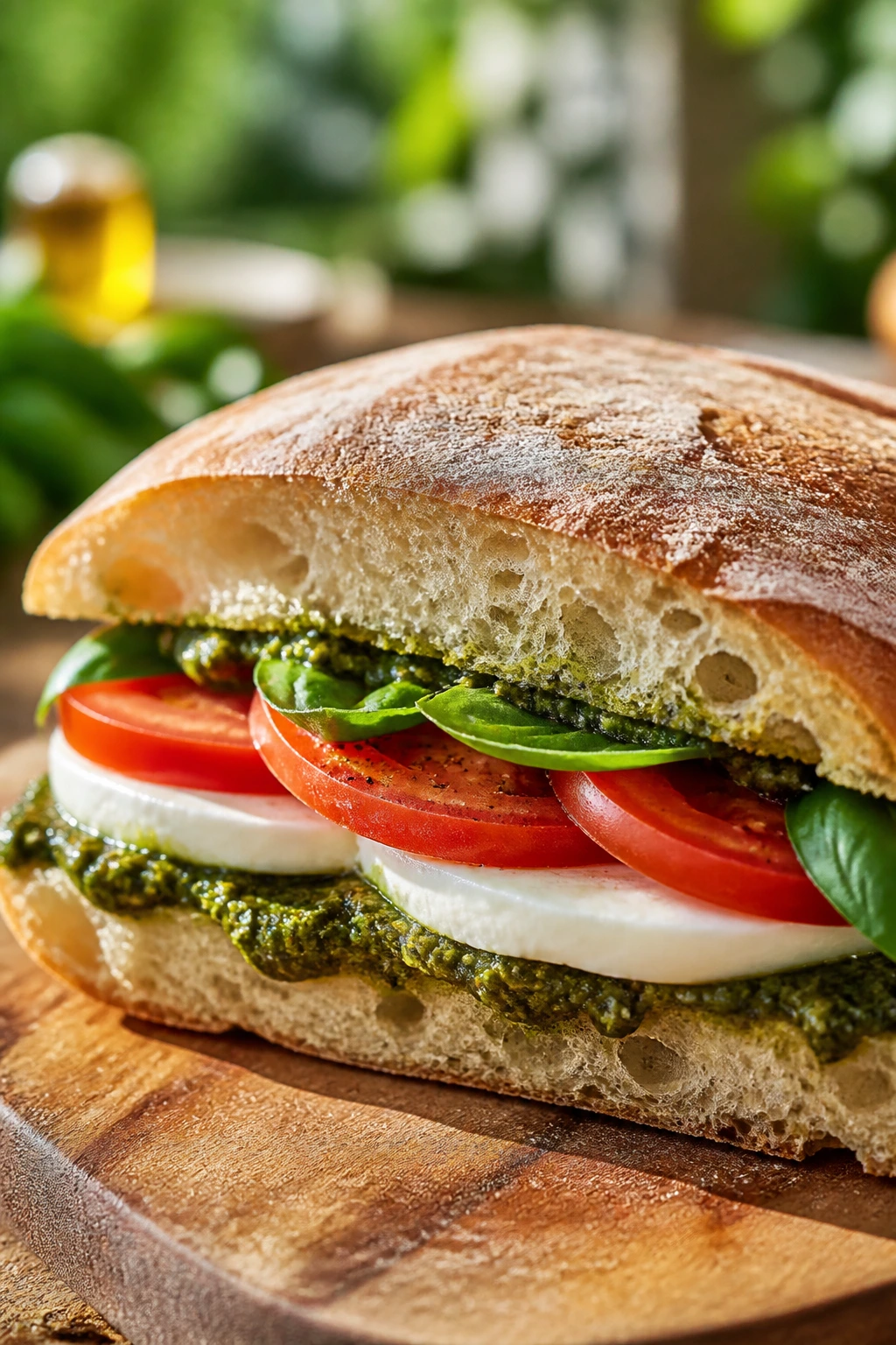 Caprese ciabatta sandwich with tomato, mozzarella and pesto