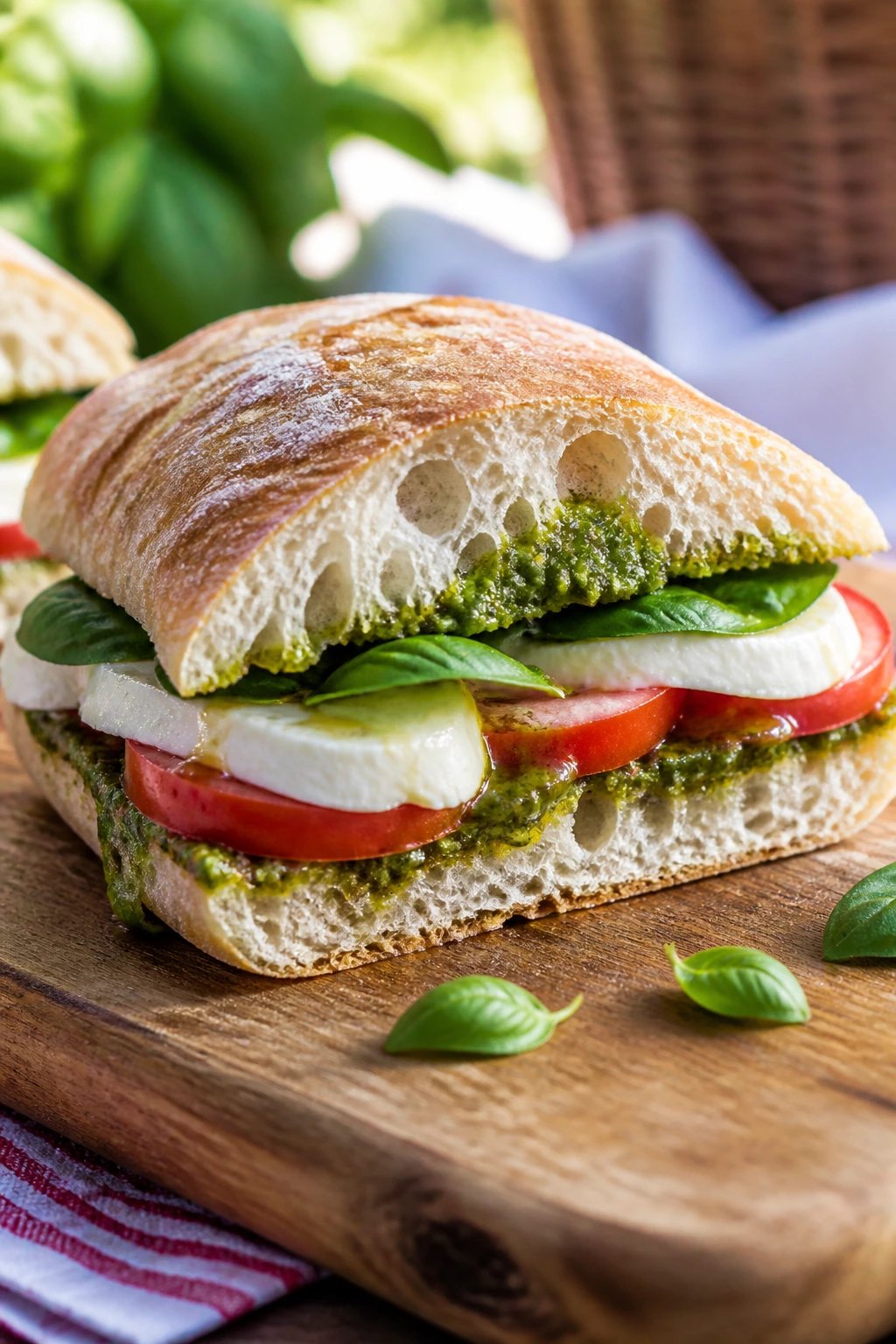 Caprese Ciabatta sandwich with mozzarella, tomato, basil, and pesto on ciabatta.
