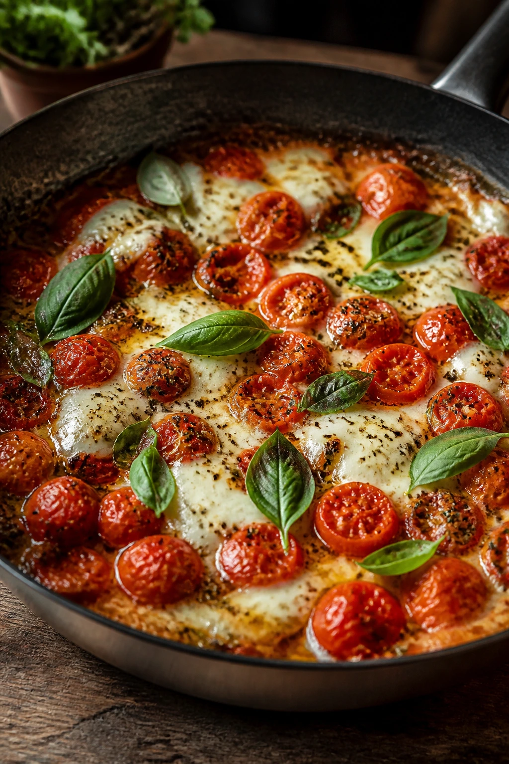 Close-up of blistered tomatoes and melted mozzarella in a pan, ready for a comforting family Caprese dinner.
