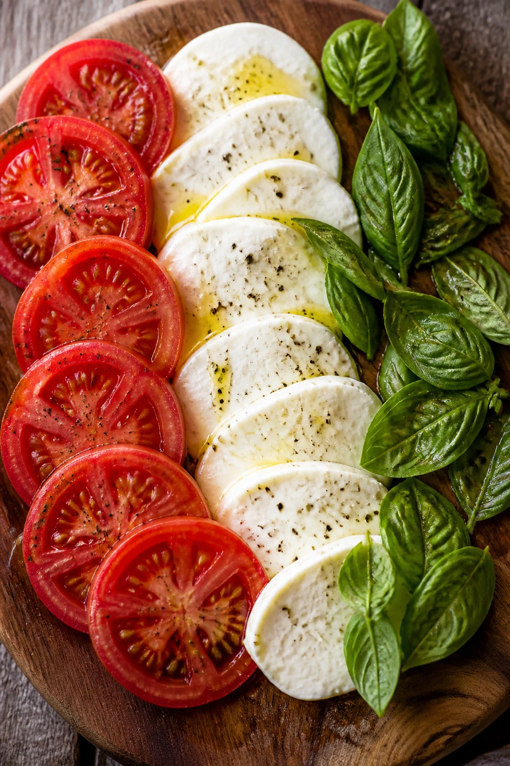 Caprese ingredients arranged on a board with olive oil
