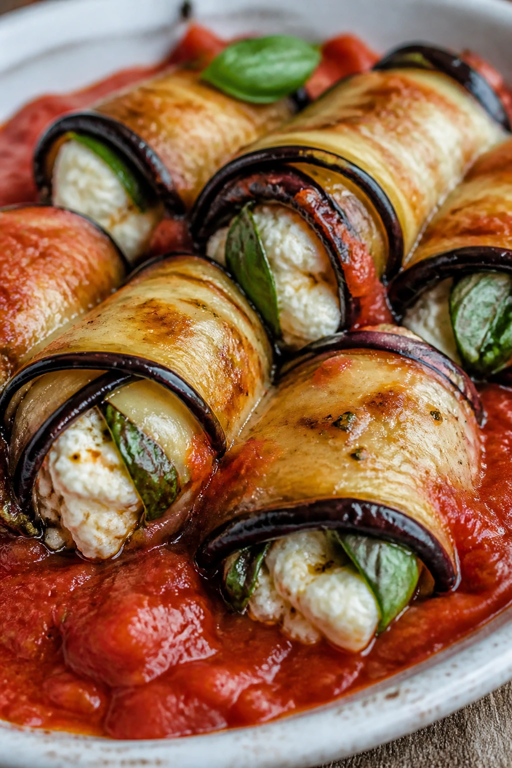 Eggplant roll-ups with ricotta, mozzarella and basil in marinara