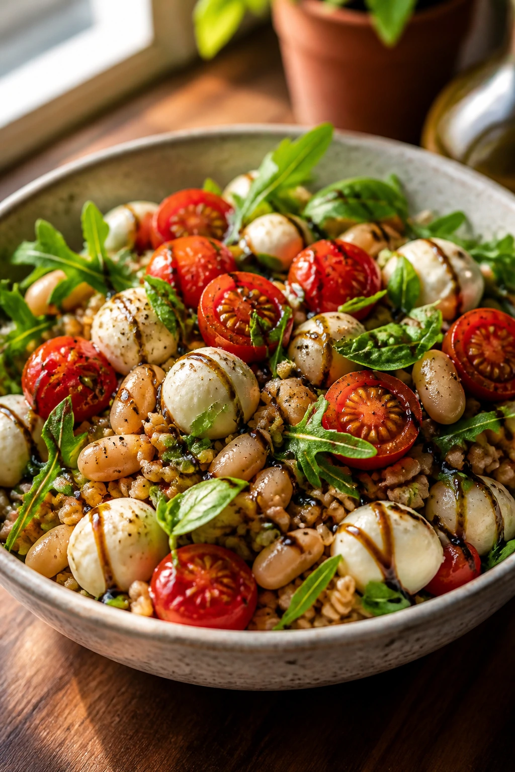 Close-up Caprese Farro Bowl with farro, beans, mozzarella, tomatoes and basil